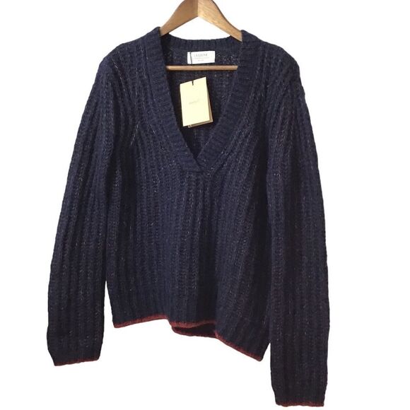 La Ligne Sweater Neutral Pullover Knit Navy Fuzzy Wuzzy V-Neck New Size Small - Picture 2 of 9